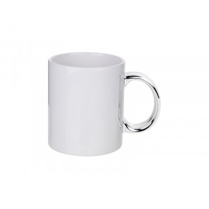 Cana albă din ceramică cu mâner de sublimare argintie